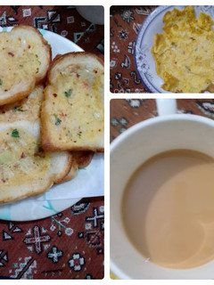 A picture of Bread omelet and tea.