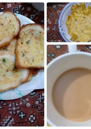 A picture of Bread omelet and tea.