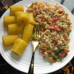 A picture of Boiled plantain with egg sauce.