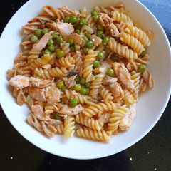 A picture of Sweet Chilli Salmon with Pasta and Peas.