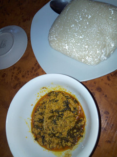 A picture of Semo with bitter leaf soup.