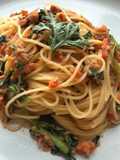Pasta with Chrysanthemum Greens, Tuna, and Tomato