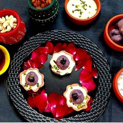 A picture of Purple Yam Ladoo With Coconut Basundi Katori.