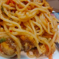A picture of Spaghetti with Soy and Chili Sauce.