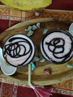 A picture of Soyabean banana strawberry milk shake.