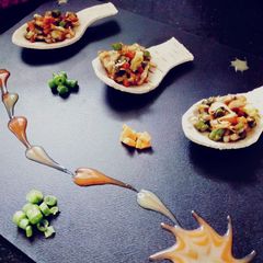 A picture of Pearl Millet Canapes with Chinese twist.