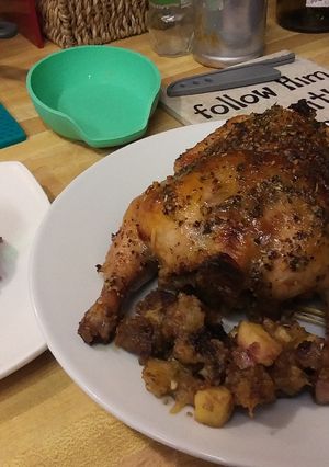A picture of Rock Cornish Game Hen stuffed and glazed.