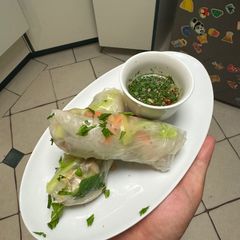 A picture of Vietnamese Chicken Rice Paper Rolls with Crying Tiger Dipping Sauce (Gỏi Cuốn Gà).