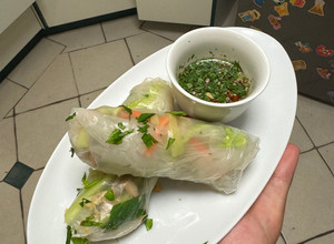 A picture of Vietnamese Chicken Rice Paper Rolls with Crying Tiger Dipping Sauce (Gỏi Cuốn Gà).