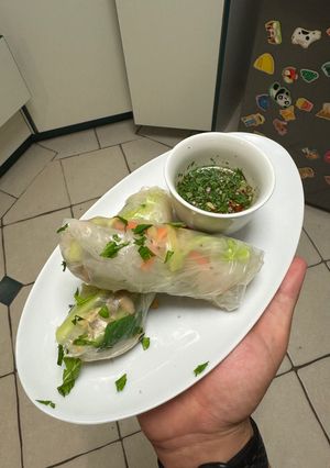 A picture of Vietnamese Chicken Rice Paper Rolls with Crying Tiger Dipping Sauce (Gỏi Cuốn Gà).