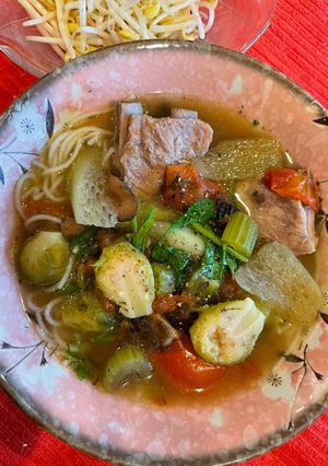 A picture of Brussels Sprout and Dill Noodle Soup.