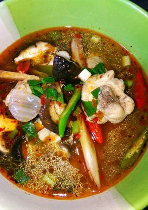 A picture of Tom Yum Soup with Chicken and Fresh Shiitake Mushrooms.