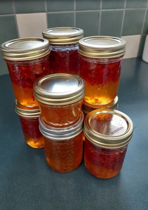 A picture of Sweet & Spicy red pepper jelly.
