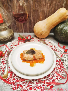 Foto di Trancio di Salmone con lardo di colonnata su letto di zucca