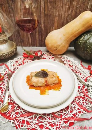 Foto di Trancio di Salmone con lardo di colonnata su letto di zucca