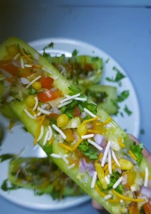 A picture of Cucumber boat chaat खीरे की बोट चाट.