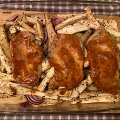 A picture of Porkchop Traybake with Pear, Onion and Celeriac.