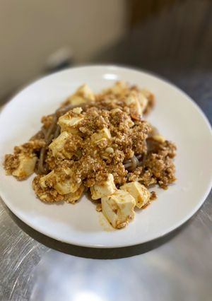 A picture of Japanese style Mabo tofu with Shirataki noodles.