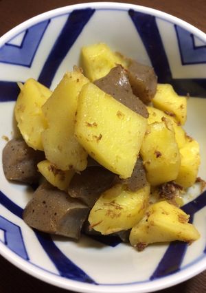 A picture of #4  Easy Japanese cooked dish with Potato and Dried Bonito Flakes.