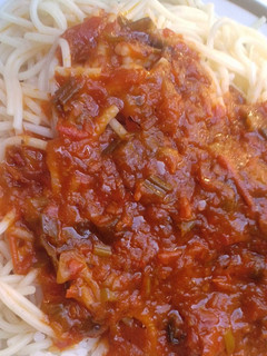 A picture of Spaghetti with stew.