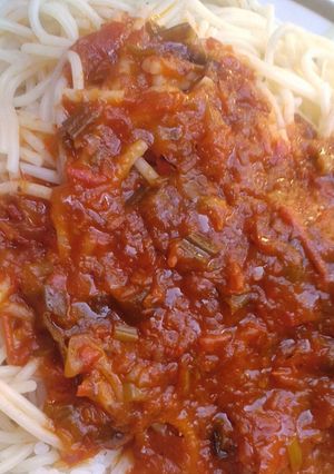 A picture of Spaghetti with stew.