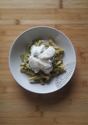 A picture of Caserecce with Broccoli Cream and Burrata.