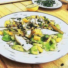 A picture of Brussels Sprouts Salad with Pear and Cheddar.