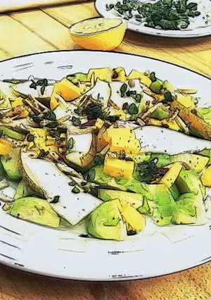 A picture of Brussels Sprouts Salad with Pear and Cheddar.
