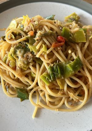 A picture of Spicy tuna and leek spaghetti with asian flavours and a citrus twist.