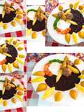 Caraotas negras, huevos escalfados, bolas de carne