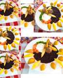 Caraotas negras, huevos escalfados, bolas de carne