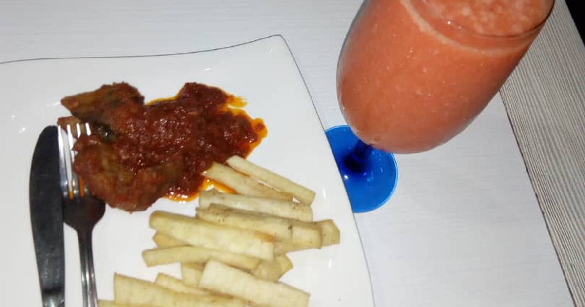 Fried yam and pepper goat meat + water melon smoothie Recipe by fannyik -  Cookpad