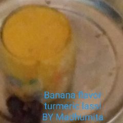 Banana flavor turmeric lassi A picture of Banana flavor turmeric lassi.