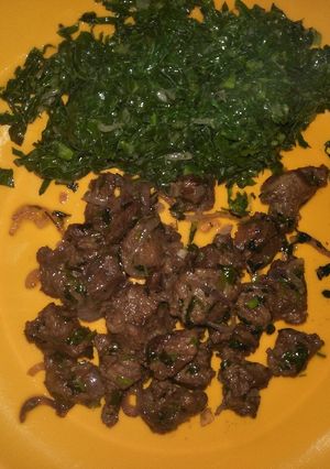 A picture of Fried beef with greens.