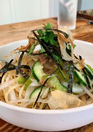 A picture of Cold summer pasta with Bitter melon, Sour Plum & Tuna.
