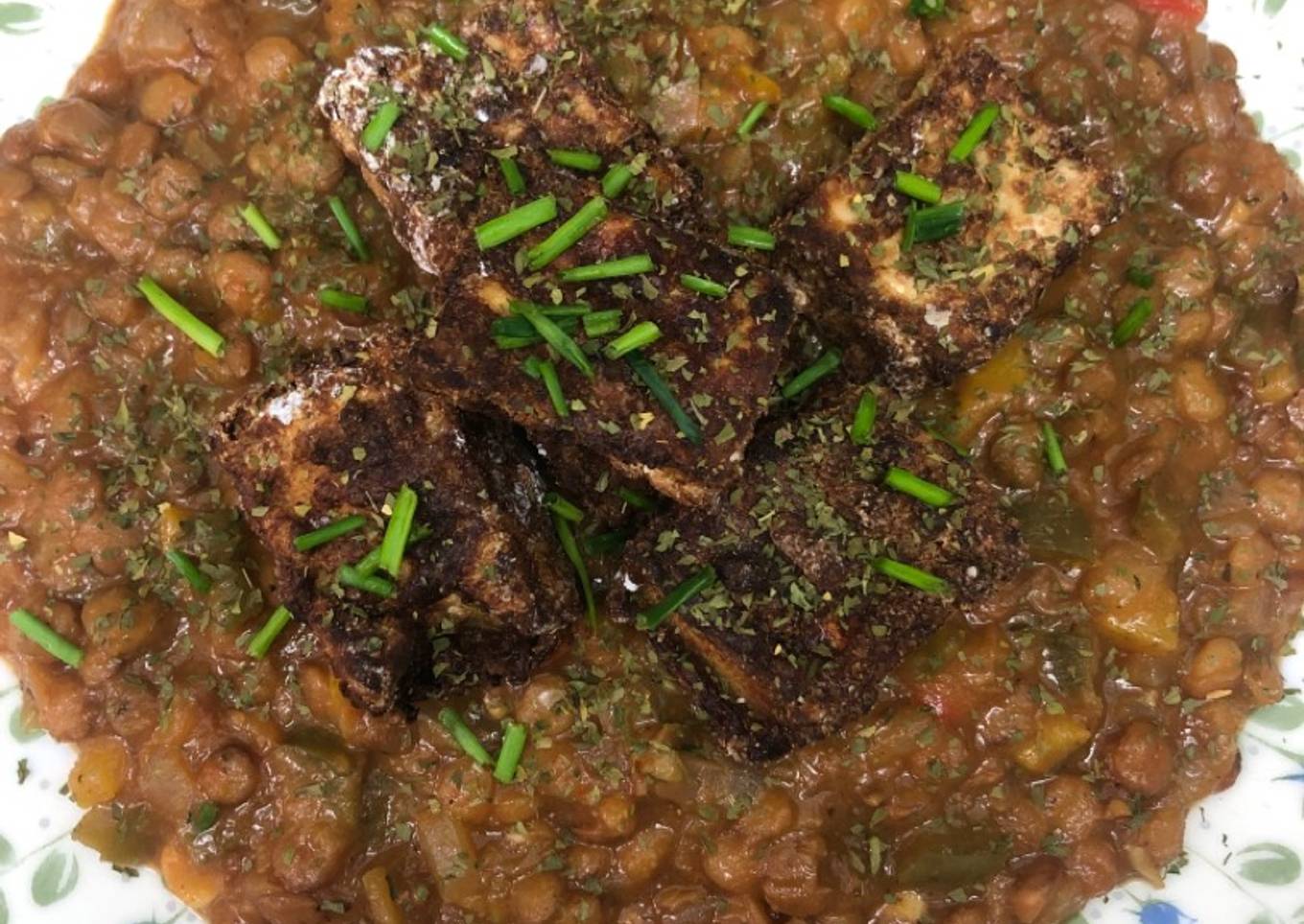 358. Lentejas guisadas con tofu crujiente en Airfryer (principal legumbres)