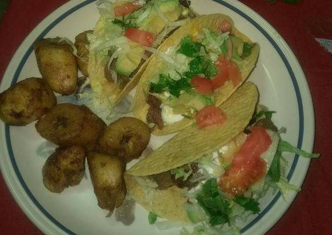 Seared steak tacos w side of sweet fried plantains