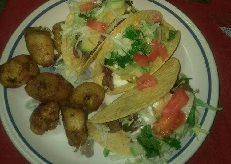 Seared steak tacos w side of sweet fried plantains