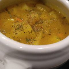 A picture of (NOT cream of) Potato soup w/Carrots, Cerleriac and fresh herbs.