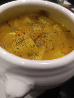 A picture of (NOT cream of) Potato soup w/Carrots, Cerleriac and fresh herbs.
