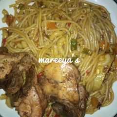 A picture of SPHAGETTI And Macaroni noodles with chicken.