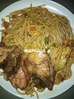 A picture of SPHAGETTI And Macaroni noodles with chicken.