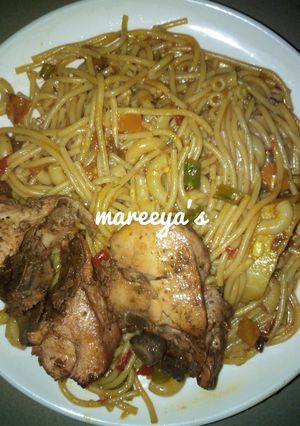 A picture of SPHAGETTI And Macaroni noodles with chicken.