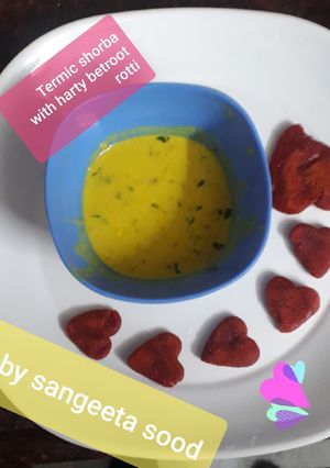 A picture of Turmeric shorba with harty beetroot.