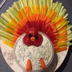 A picture of Thanksgiving Dinner; FUN Veggie Dip Platter.
