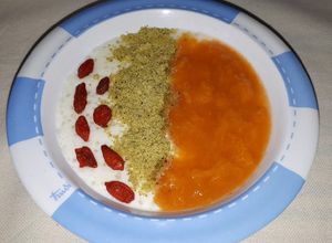 O poză a rețetei Budincă de tapioca, dulceață de caise, fistic și goji.