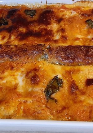 A picture of Cannelloni stuffed with veal and spinach.
