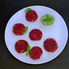 A picture of Sama Chawal & Beetroot Tikki with Sesame seed & Mint Chutney.