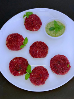 A picture of Sama Chawal & Beetroot Tikki with Sesame seed & Mint Chutney.