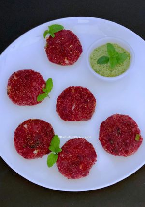 A picture of Sama Chawal & Beetroot Tikki with Sesame seed & Mint Chutney.